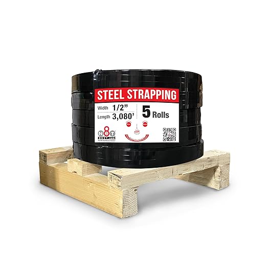 8NET Steel Strapping Band, 3,080' Length x 1/2'' Width x 0.020'' Thickness (1,170 lbs Break Strength), Cut Resistant Pallet Banding, Heavy Duty Metal Strap (5 Rolls)