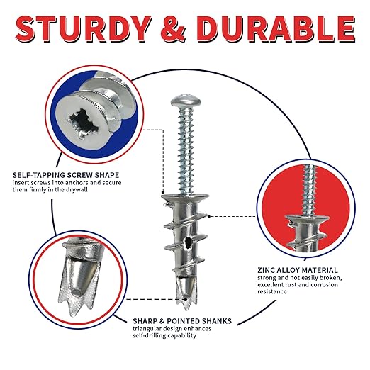 Drywall Anchors and Screws Kit, 200 Pcs Self Drilling Drywall Anchors, 100 Pcs Zinc Sheetrock Anchors and 100 Pcs #8 x 1-1/4" Metal Screws, Heavy Duty Wall Anchors, 75 Lbs Hanging Mounting