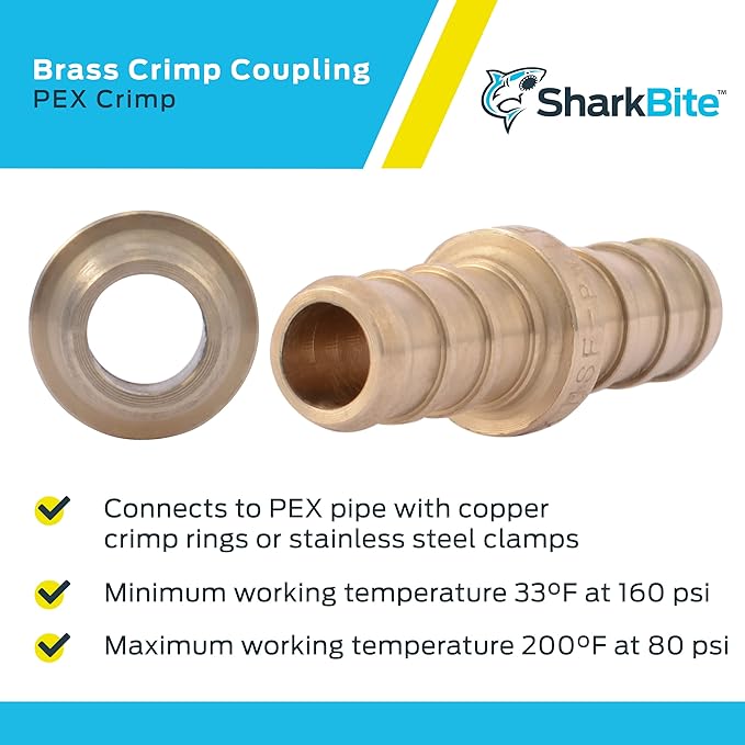 SharkBite 3/8 Inch Crimp Coupling, Brass Plumbing Fitting, PEX Pipe, PE-RT, UC006LFA