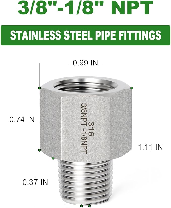 TAISHER 2PCS Forging of 316L Stainless Steel Pipe Fitting, Reducer Adapter, 1/8" NPT Male x 3/8" NPT Female, Reducing Pipe Adapter Fitting