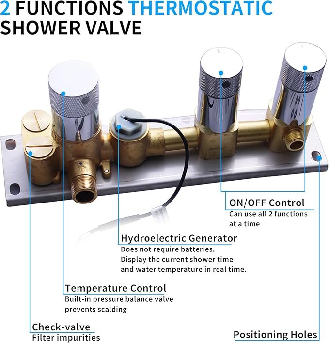 2 Way Shower Diverter Valve Brass 2 Functions Digital Temperature Display Thermostatic Shower Mixing Kit 3 Handle Flow Cotrol Valve, Can Run Simultaneously (Chrome)