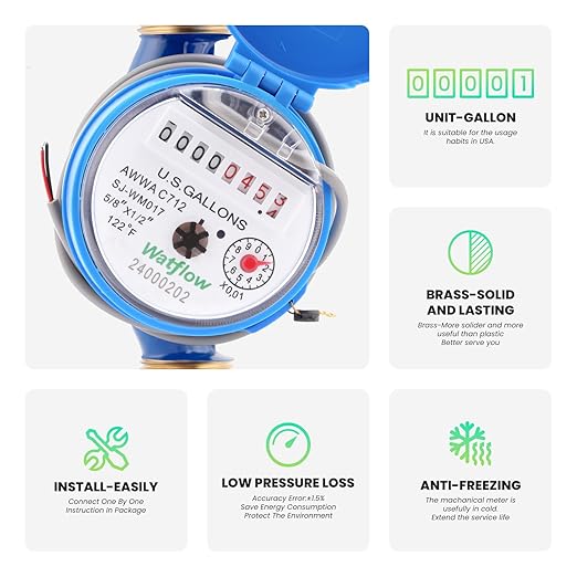 Watflow DN15 Water Meter 1/2" NPT, AWWA C712 Certification Gallon Water Flow Meter with Pulse Output, Cold Water Meter for Garden/Home/Apartment, Horizontal Install.