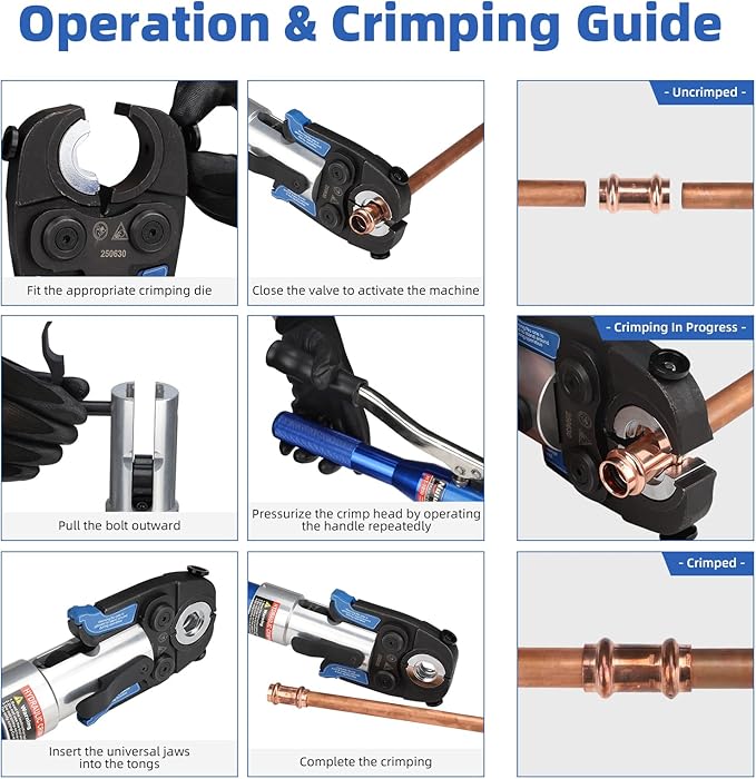 HT-1950 Copper Pipe Crimping Tool with 3 Jaw Sizes (1/2", 3/4", 1") for Hydraulic Pipe, Tee Fittings, and Narrow Spaces – Compatible with Nibco, Elkhart