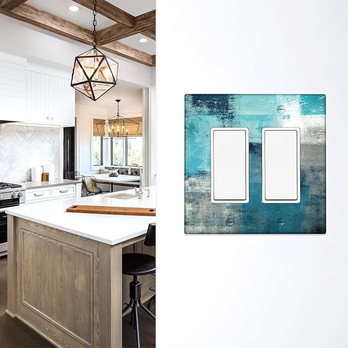 Turquoise and Grey 2-Gang Rocker Wall Plate Cover Teal Abstract Art Decorative Light Switch Cover Modern Electrical Outlet Covers Kitchen Accessories & Decor