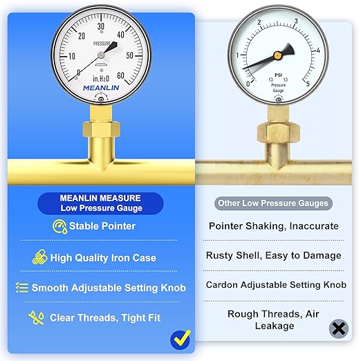 MEANLIN MEASURE 0-60 in H2O Diaphragm Type Capsule Low Pressure Gauge 1/4" NPT 2-1/4" FACE DIAL Adjustable Water Column Gauge, with 1/4" x 1/2" NPT and 1/4" x 3/8" NPT Hex Bushing, Lower Mount