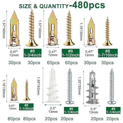 480Pcs Self Drilling Drywall Anchors 4 Sizes Zinc Plated Steel Sheetrock Anchors and 5 Sizes Screws (2025 Upgraded) no Drilling Required Easy Application