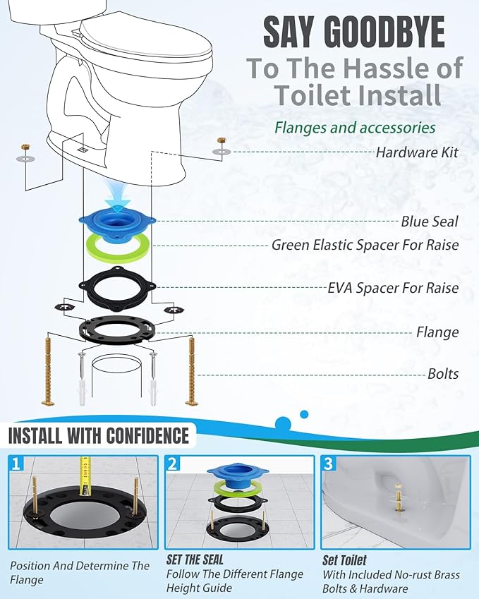 Toilet Flange Repair Kit- Include Flange & Elastic Wax Ring Gasket with Brass Bolts and Hardware, Universal Rubber Toilet Wax Ring Replacement Kit, Better Than Wax Toilet Seal