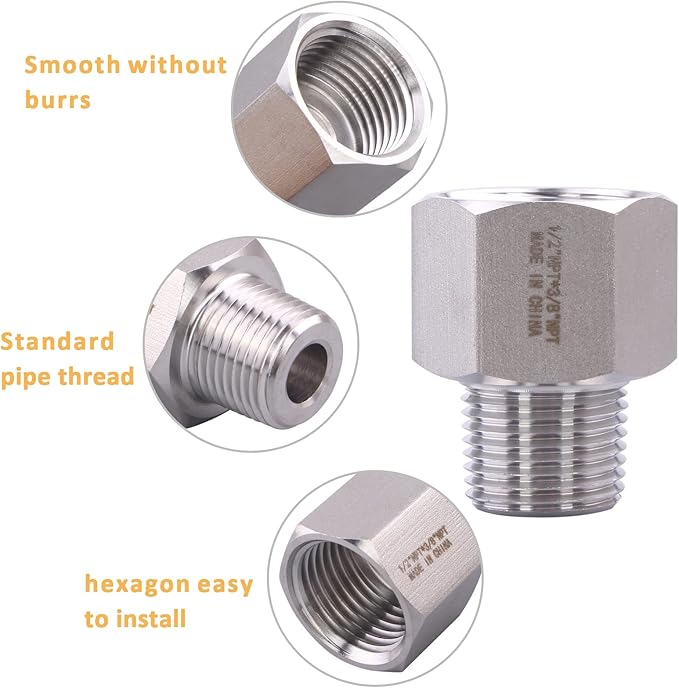 Forged Reducer Adapter Fitting - Stainless Steel 304 Reducing Pipe Connector, 1/2" NPT Female x 3/8" NPT Male (pack of 5)