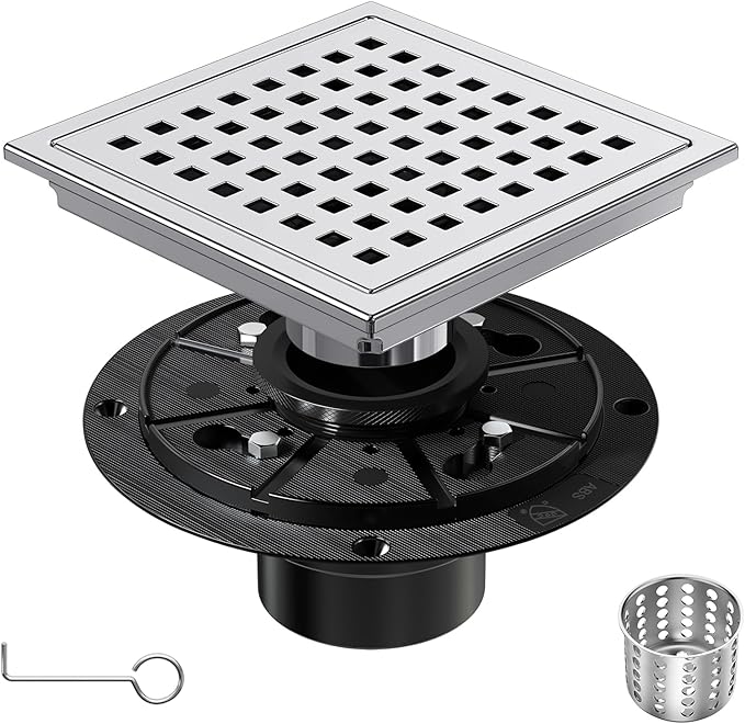 6 Inch Square Shower Floor Drain with Removable Cover Grid Grate, SUS 304 Stainless Steel, Watermark&CUPC Certified, Chrome Finished (Chrome, 6 in)