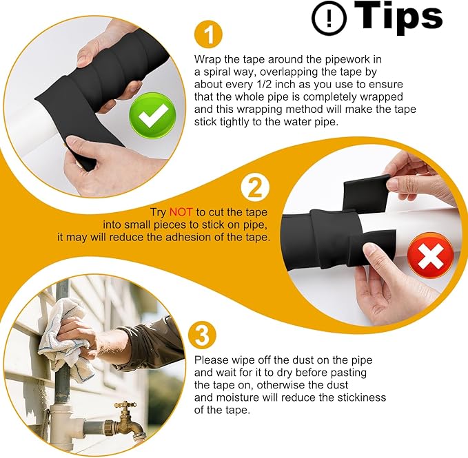 DEMEDO Pipe Insulation Tape, Pipe Wrap Insulation Foam Tape Self Adhesive, Outdoor Water Pipe Insulation Roll for HVAC, AC Line Insulation, 2 inch x 16.5 FT Heat Tape for Water Pipe, Black