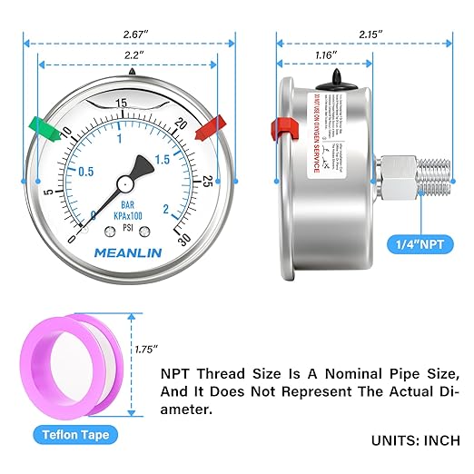 MEANLIN MEASURE 0~30Psi Liquid Filled Pressure Gauge Stainless Steel 2.5" FACE DIAL 1/4" NPT 316 Stainless Steel Joint for Pool Sand Filter Water Oil Air Pressure Test Back Mount, with 2PCS Snaps
