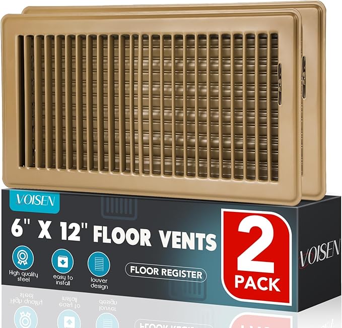 VOISEN Floor Register 6x12, 2 Pack Floor Vent Covers, Steel Adjustable Air Supply Grille Register Vent Cover Grill for Sidewall and Floor, Vent Covers for Home Floor,Brown