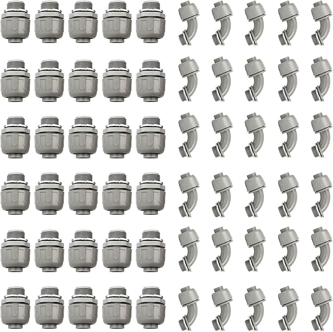 Conduit Connectors, 3/4 Inch Liquid Tight Connector NPT Non-Metallic for PVC Electrical Flexible Conduit Fittings, 30 Straight and 30 Angle 90 Degree, UL Listed, Grey (60-Pack)