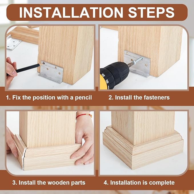 Blulu 1 Set 6" Newel Post Mounting Kit 4 Pcs L Bracket Metal Post Anchor with 4 Pcs Red Oak Wood Trim Deck Base Fasteners for Fastening Handrails Balustrades to Stairs and Floors