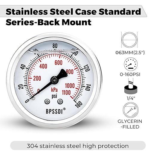 0-160 Psi Glycerin Liquid Filled Low Pressure Gauge, 2.5" Dial Size, 1/4" NPT Back Mount, 304 Stainless Steel Case, for Water Pipe, HVAC, Water Oil Air Pressure Test