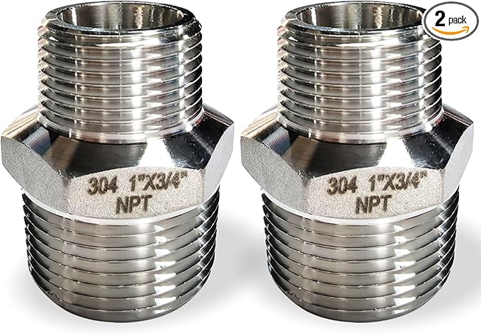2pcs 1" NPT x 3/4" NPT Stainless Steel Nipple, 1 to 3/4 Adapter Fitting Reducing Solid Hex Stainless Steel Nipple, Male Pipe Fittings for Extending and Connecting Pipes