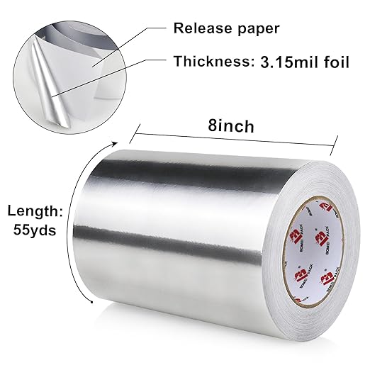 BOMEI PACK Aluminum Foil Tape,Heavy Duty Metal Duct Tape,High Temperature Silver Tape,Perfect for Sealing & Patching,HVAC,Air Ducts,Insulation and Metal Repair (8 Inch x 55 Yards)