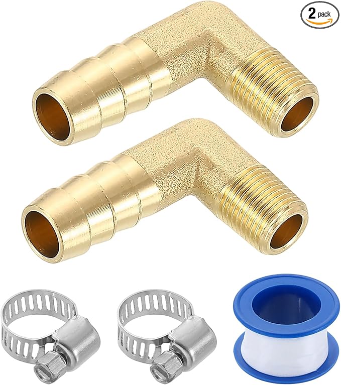 uxcell 2Pcs Brass Hose Barb Fittings, 3/8" x 1/8" NPT 90 Degree Elbow Hose Connector with Hose Clamps for Water Fuel Gas Oil Transportation