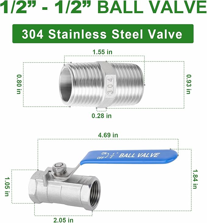 TAISHER 4 Pcs 1/2 Inch FNPT Ball Valve Kit, 304 Stainless Steel with Blue Handles & Nipple