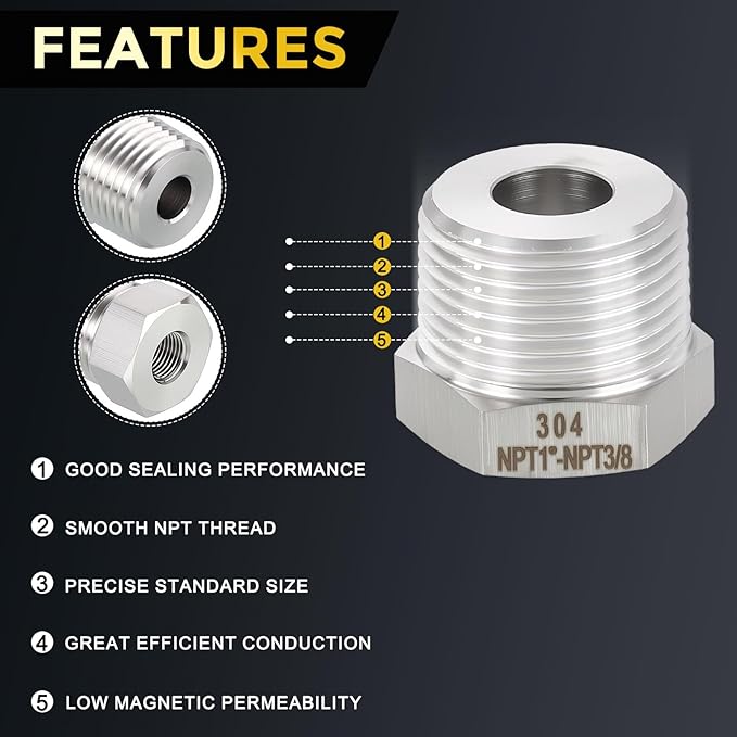METALLIXITY 1PCS 1" Male NPT x 3/8" FeMale NPT Thread 304 Stainless Steel Hex Bushing Extension Tube Adapters Convert for Water Tub Spout/Shower