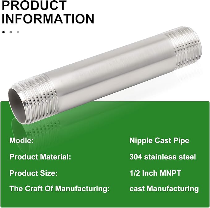 TAISHER 4PCS Stainless Steel Pipe Fittings, 1/2" NPT x 1/2" NPT Male Threaded, 4" Length Nipple Cast Pipe