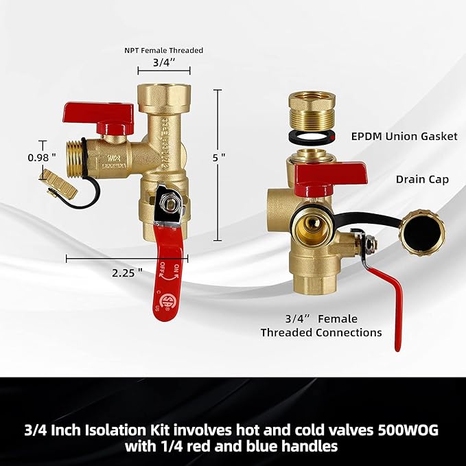 VAV 3/4-Inch IPS Isolator Tankless Water Heater Service Valve Kit, with Pressure Relief Valve, CSA LISTED, Clean Brass & NPT Thread