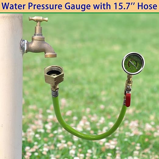Stainless Steel Water Pressure Gauge Kit - 15.7'' Hose, 0-200 Psi, 3/4" GHT Female Thread for Home, Industrial, Garden, Green