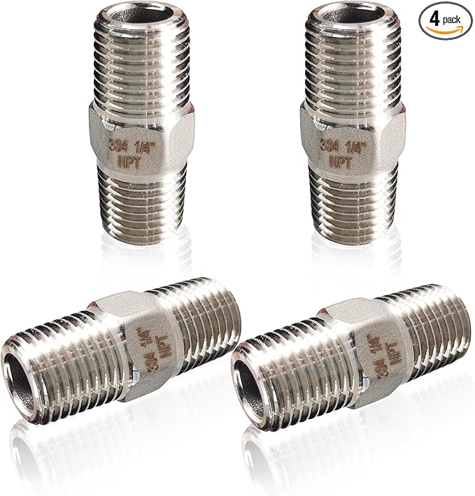 4PCS Hex Stainless Steel Nipple 1/4"NPT Male X 1/4" NPT Male Pipe Fitting 1/4 inch Stainless Steel Pipe Nipples Male Pipe Adapter Fittings Heavy Equal Nipples Connectors
