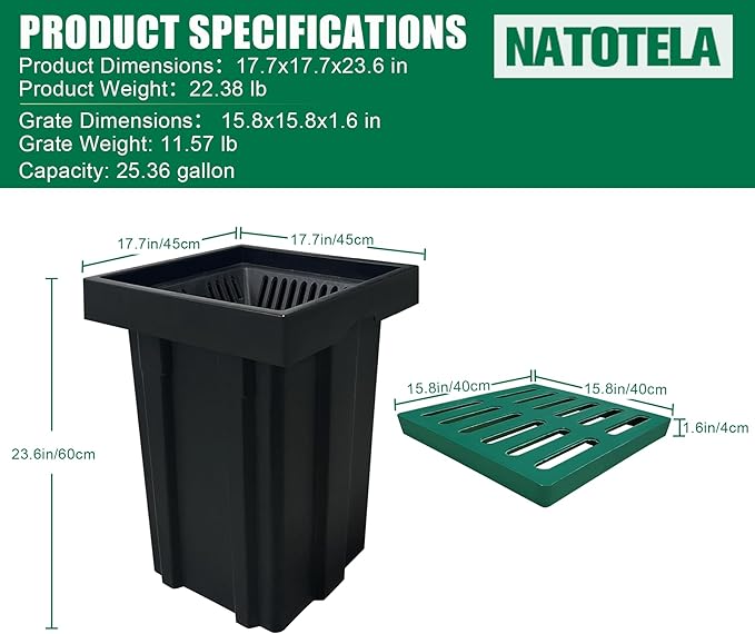 Catch Basin for Drainage with Fiber Glass Grate-18x18x24 in. Deep Drainage Basin with Debris Basket,A15 French Drain Basin Without Reserved Hole for Yard,Downspout,Lawn,Municipal Pipeline