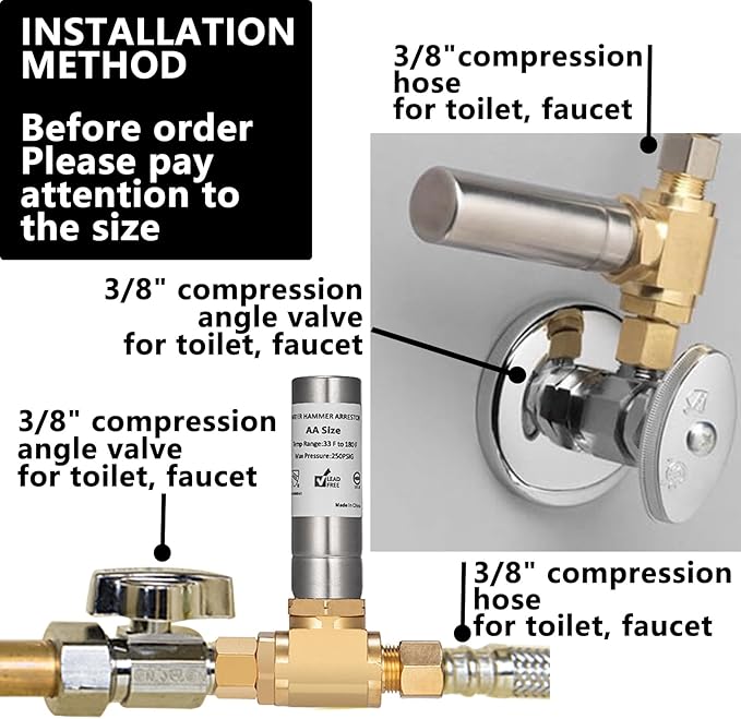 (1 Pack) Lidertik Water Hammer Arrestor for Dishwasher and Toilet 3/8 Inch Male Compression and 3/8 Inch Female Compression, Absorb Shock and Reduce Noise for Water Pipe