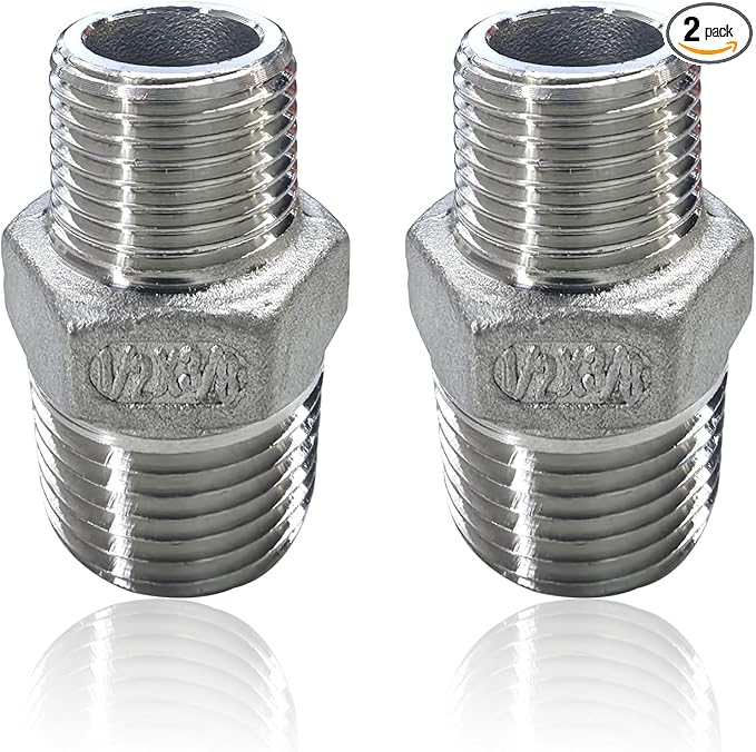 2pcs 1/2" NPT x 3/8" NPT Stainless Steel Nipple, 1/2 to 3/8 Adapter Fitting Reducing Solid Hex Stainless Steel Nipple, Male Reducer for Extending and Connecting Pipes