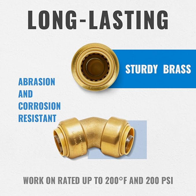 SUNGATOR 3/4 Inch 45 Degree Elbow, No Lead Brass Plumbing Fittings Push to Connect PEX Pipe, Copper, CPVC, PE-RT, with 1 Disconnect Clip, Pack of 3