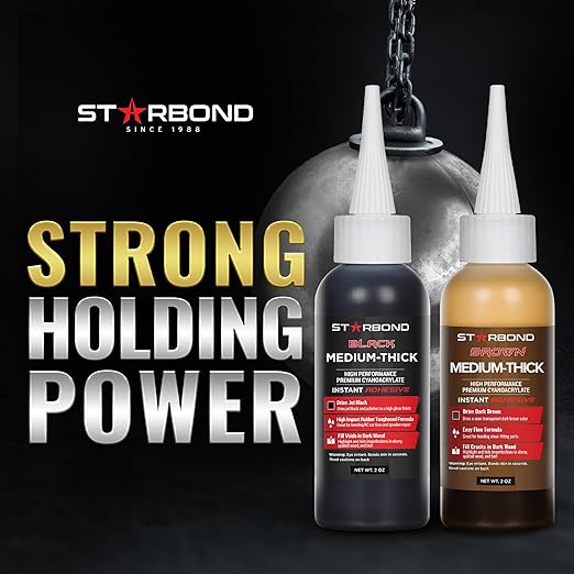 STARBOND Premium Grade Cyanoacrylate (CA) Super Glue, Black (2 oz) and Brown (2 oz) Medium-Thick Viscosity Knot Filler and Aerosol Accelerator (6 oz) Bundle for Woodworking, Woodturning, Carpentry