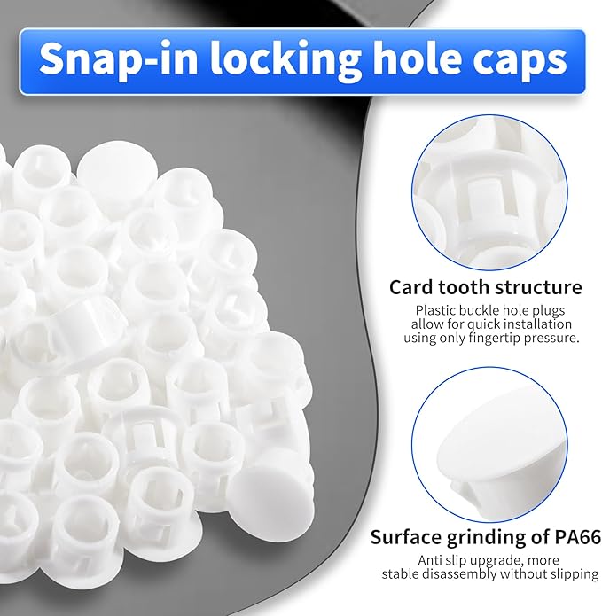 50 Pcs OD 0.374"(9.5mm) White Hole Knockout Locking Plugs,Plastic Nylon Round Drilling Hole Plugs,Flush Type Panel Round Snap in Fastener,Tube Fastener Cover for Furniture Insert End Caps