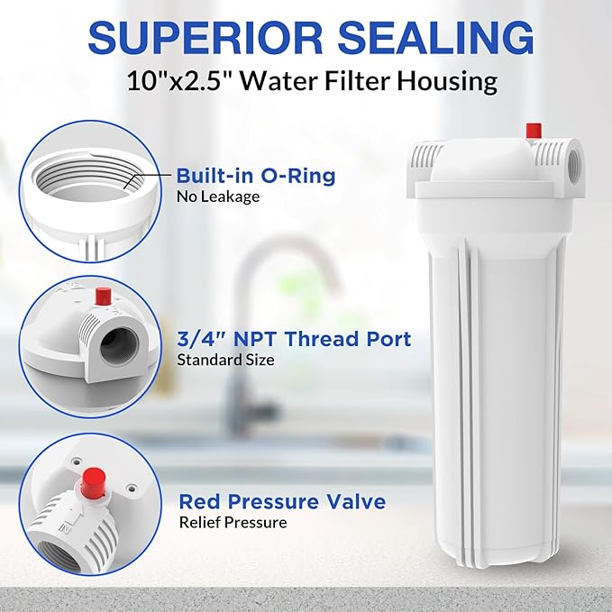 SimPure Whole House Water Filter Housing, Inline Water Filter for Home, Universal 10 inch Sediment Filter with 3/4 NPT Inlet and Outlet, Heavy Duty Steel Bracket, 4 Screws, Wrench