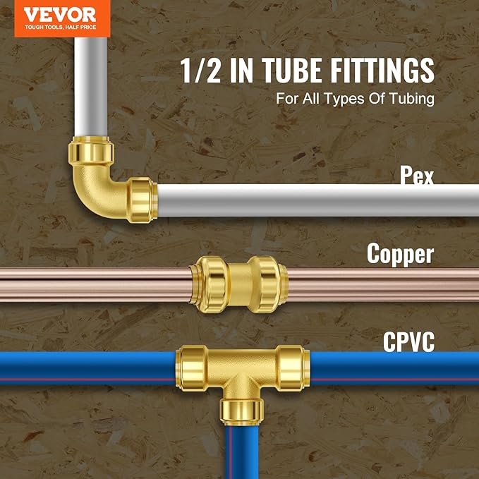 VEVOR Pipe Fittings, 1/2" 25PCS (10xStraight, 10xElbows, 5xTees) Brass Pipe Fittings, Push-Fit Pipe Connector Brass Air Fittings, Plumbing Fittings Adapter for Heating/Shower Systems, Water Pipes