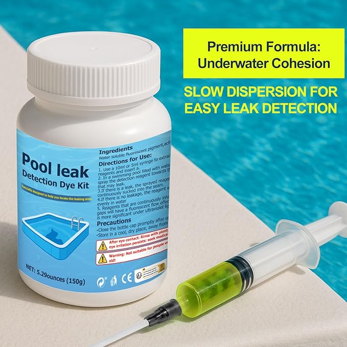 150g Fluorescent Yellow Pool Dye Leak Detection Kit, Long-Lasting That Pinpoints Leaks in All Pool,Hot Tub and Spa Types,with Reusable Syringe and 2 Precision Applicator