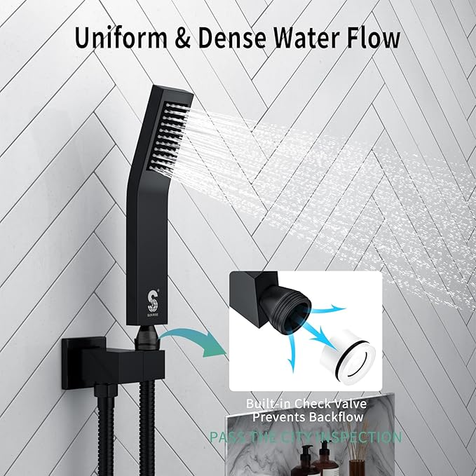 SR SUN RISE 12 Inch Ceiling Mount Matte Black Shower System Bathroom Luxury Rain Mixer Shower Faucet Set Ceiling Rainfall Shower Head System Faucet Trim Repair Kits Rough-in Valve and Trim Included