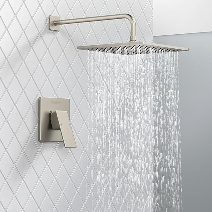 Lava Odoro 12-inch Modern Square Shower Faucet Set Brushed Nickel, Shower Trim Kit with Rough-in Valve High Pressure Rainfall Shower Head and Handle Set (Valve Included), SF106-BN