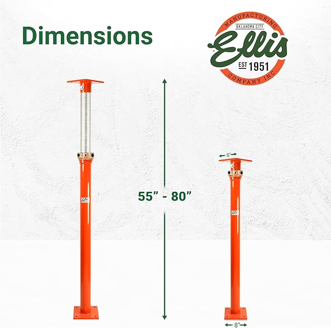 ELLIS Heavy-Duty Adjustable Steel Shore – Permanent or Temporary Floor Support for Beams, Concrete, and Structural Repairs – 34,000 lb Safe Load Capacity – 55"-80" Adjustment