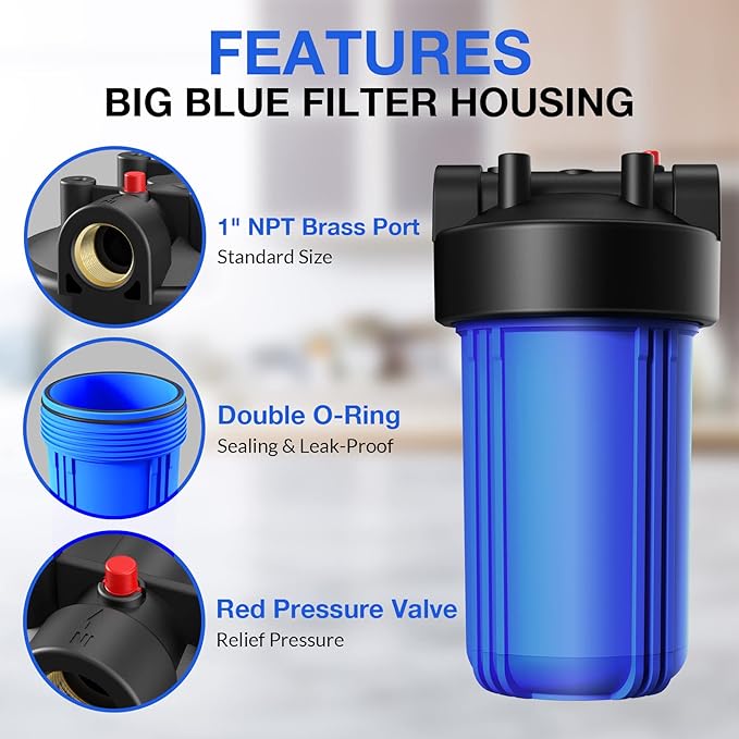 SimPure Whole House Water Filter Housing (DB10P), 10" x 4.5" Sediment Carbon Filter Universal Housing, Pre-Filtration System for Well and City Water, 1" NPT Port, Pressure Release
