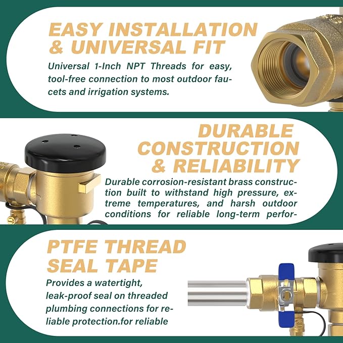1" Pressure Vacuum Breaker Assembly, with union ball valves, MAX 400PSI Brass Irrigation Backflow Preventer Valve, for, Outdoor Water Line, Lawn Irrigation, SystemGarden Sprinkler