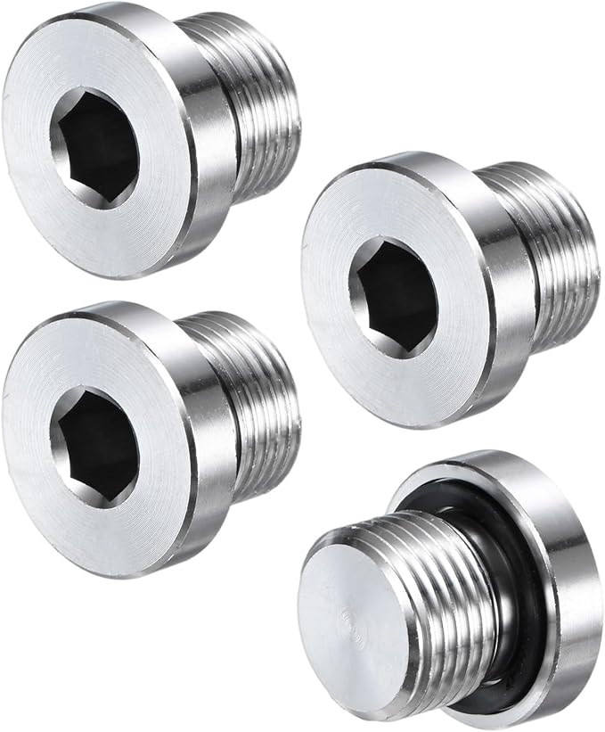 4-Pack Inner Hex Head Pipe Fitting Plug, 3/8 NPT 304 Stainless Steel Socket Bung Plug with Sealing Ring for Terminate Pipe Ends/Replacement Drains