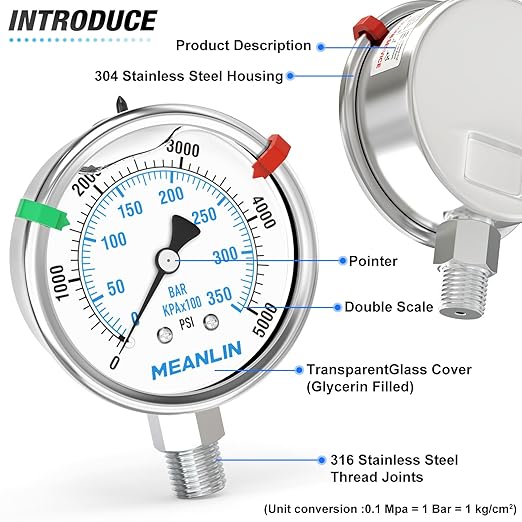 MEANLIN MEASURE 0~5000Psi Stainless Steel Liquid Filled Pressure Gauge 2.5" FACE DIAL 1/4" NPT for WOG Water Oil Air Lower Mount with Stainless Steel Hex Bushing and Snaps