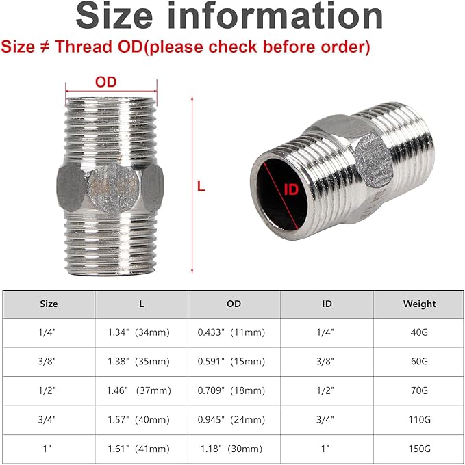 2Pcs 1/2" Male Hex Nipple Pipe Fitting, 304 Stainless Steel Threaded Adapter Fittings, 1/2 Inch Male Equal Nipples Connectors, Male Straight Threaded Pipe Fitting