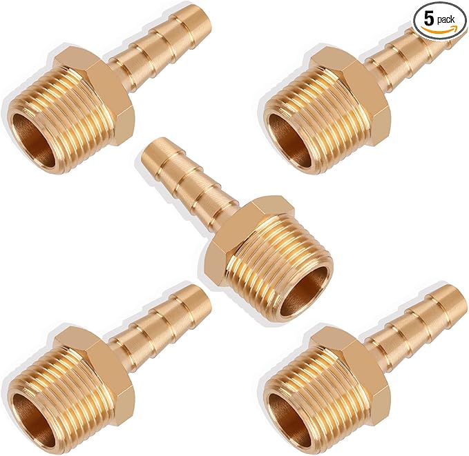 5pcs Brass Hose Barb Fittings 1/4 Inch Barb to 3/8 Inch NPT Male Thread Air Hose Fittings Adapter Connector Water Fuel Air Line Fittings 1/4” Barb × 3/8” NPT Brass Fittings