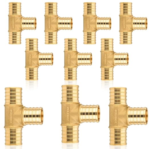 10-Pack HeSun PEX Fittings, 1"x1"x1" Pex Tee, Brass Crimp Fitting for ASTM F1807(PEX1807074-10)