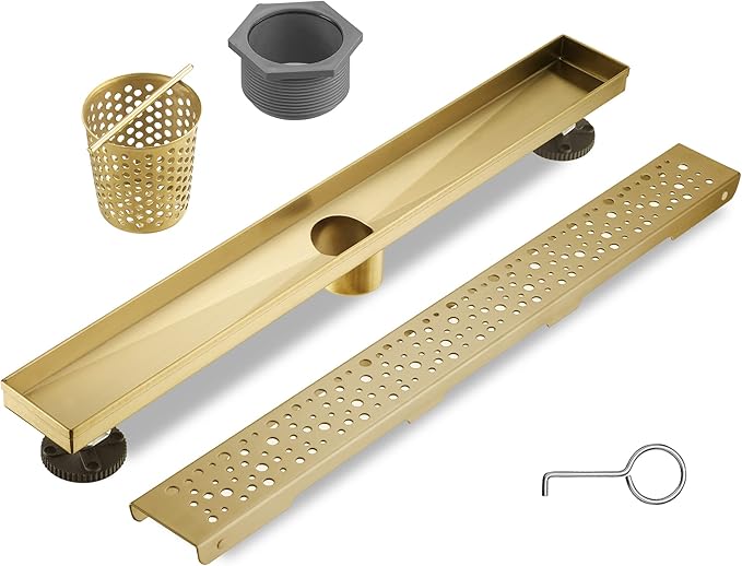 Linear Shower Drain 28 Inch, Bubbles Shower Drain SUS-304 Stainless Steel, 51L/Min Fast Drainage Floor Linear Drain, US Standard CUPC Certified, Zirconium Gold, SD-099