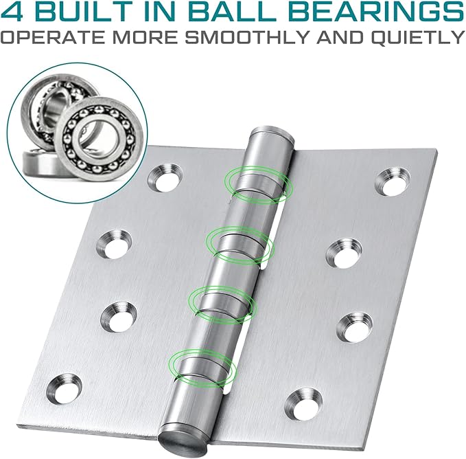 12 Pcs 4'' Ball Bearing Door Hinges Stainless Steel Heavy Duty Hinges 4 x 4 Inch Exterior Door Hinges with Square Corners (Silver)