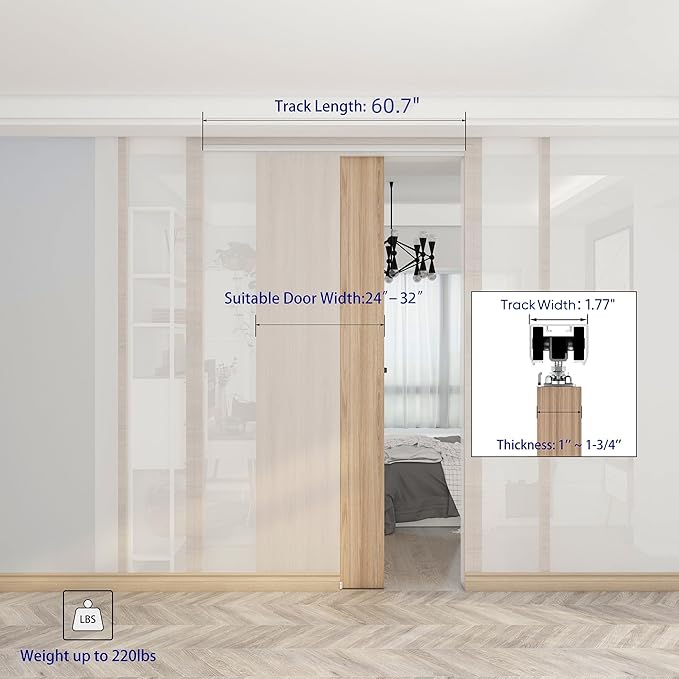 JUBEST 5.3FT Commercial Grade Pocket Door Hardware and Track Set, Sliding Door Hardware 60.7", Durable and Smoothly, Easy to Install